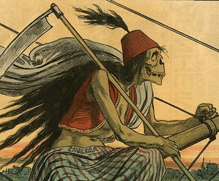 Death, depicted as a skeleton in Egyptian garb, holding a scythe and labeled "cholera" (detail from "The Kind of 'Assisted Emigrant' We Can't Afford to Admit")