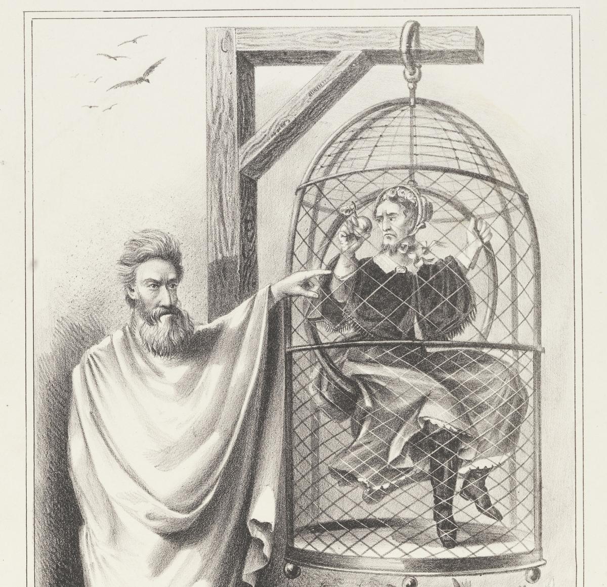 Detail from political cartoon showing John Brown standing next to a birdcage suspended from a gallows, in which sits Jefferson Davis, clothed in a women's dress and bonnet.