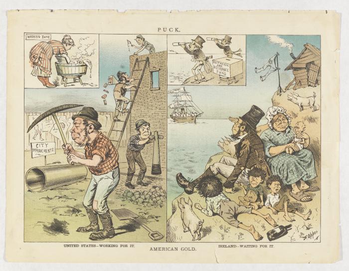 Cartoon "American Gold," showing Irish American laborers in the left panel and a lazy Irish family among pigs and whiskey bottles in the right panel