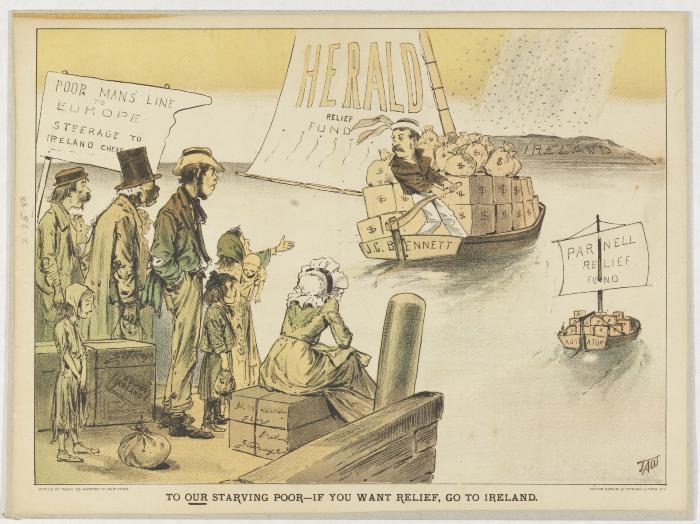 Cartoon "To Our Starving Poor--If You Want Relief, Go to Ireland," showing sad American paupers watching ships labeled "Herald Relief Fund" and "Parnell Relief Fund" sailing away from docks