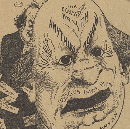 A grinning William Jennings Bryan hides behind a giant William Jennings Bryan mask (detail from "A Hallowe'en Party. Nearly Time to Unmask, Willie")