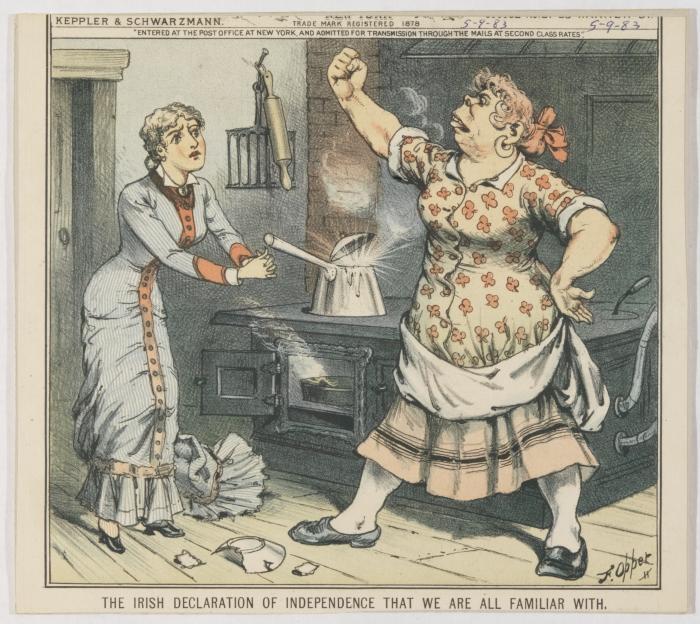 Cartoon "The Irish Declaration of Independence That We are All Familiar With," showing an Irish housemaid shaking a fist at her non-Irish employer
