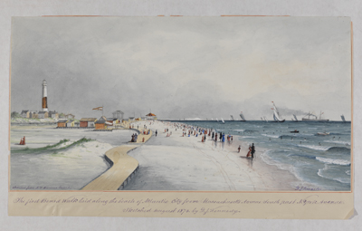 The first boardwalk laid along the beach of Atlantic City from Massachusetts Avenue South past N. York Avenue