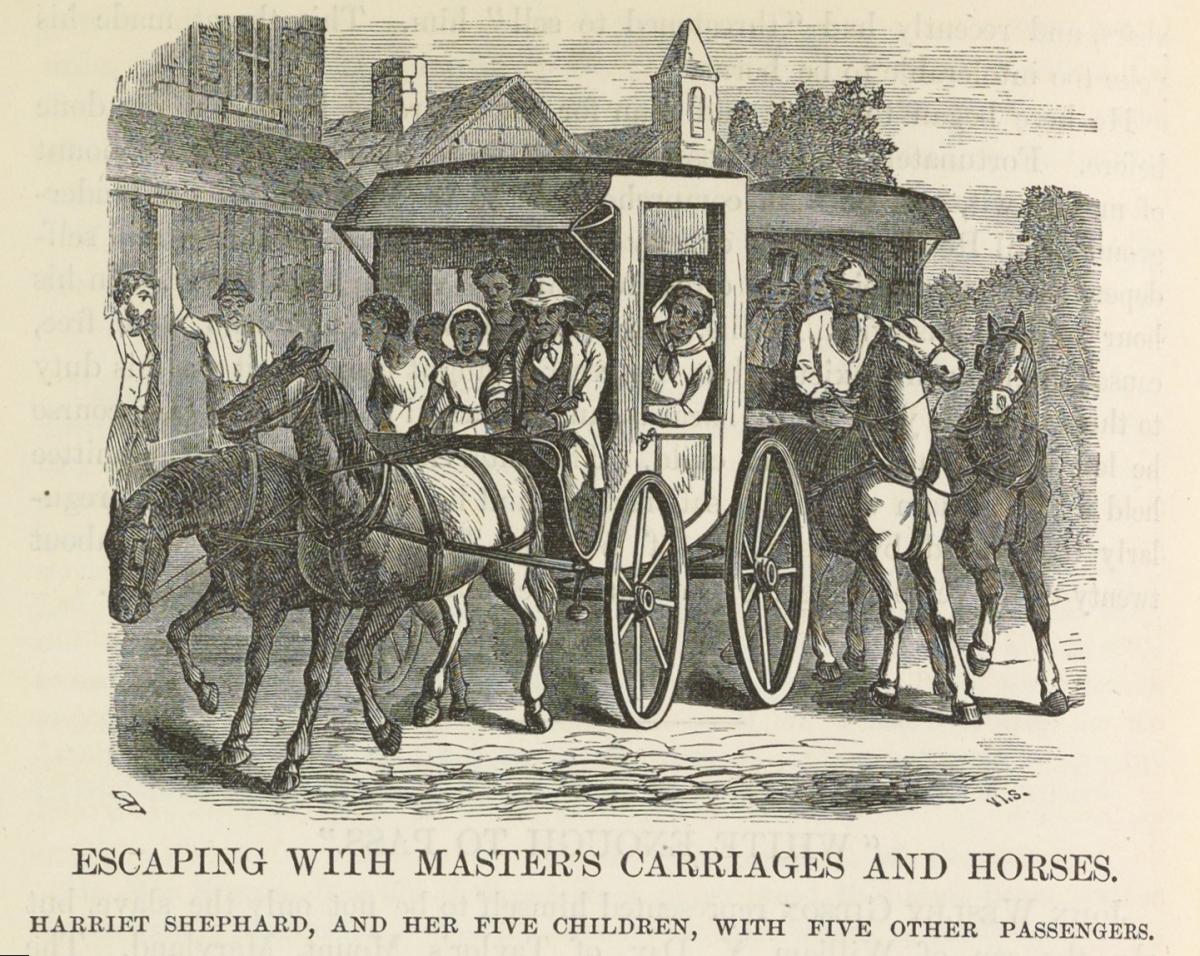 Illustration from The Underground Railroad of the Shephard family's escape from slavery. The caption reads: "Escaping with master's carriages and horses. Harriet Shephard, and her five children, with five other passengers."