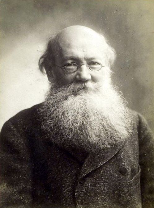 Photograph of Peter Kropotkin. Image shows an older, balding, Caucasian man facing the viewer. He has a flowing white beard and wears small eyeglasses, and is wearing a dark, double-breasted jacket.