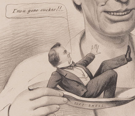 Stephen Douglas on an oyster shell, about to be eaten by a giant Abraham Lincoln, exclaims "I'm a gone sucker!!" (detail from "Honest Abe Taking Them on the Half Shell")
