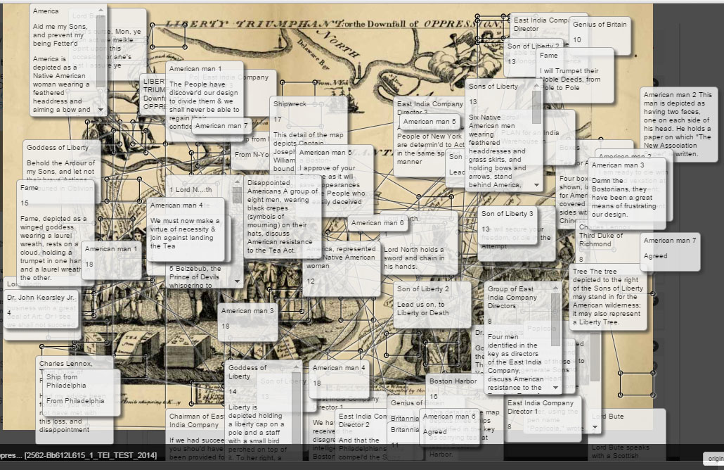 Political cartoon "Liberty Triumphant: or the Downfall of Oppression" covered by sixty-four annotation text boxes