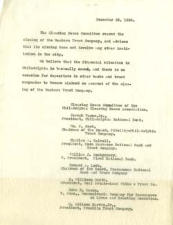 Typescript 1930 statement of Clearing House Committee regarding failure of Bankers Trust Company