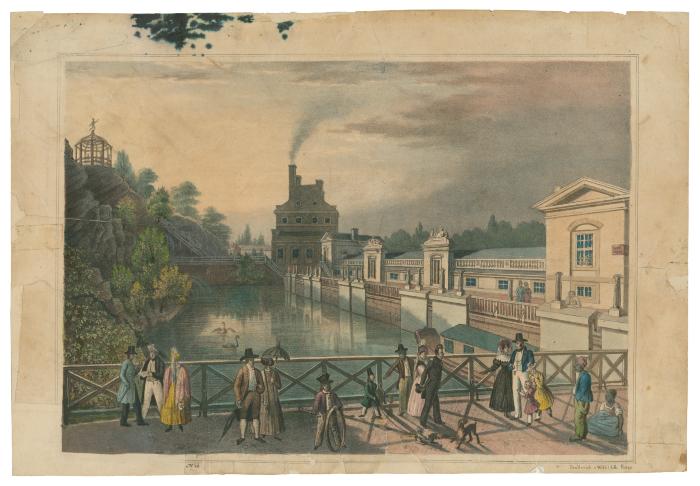 Lithograph of Fairmount Waterworks in Philadelphia, circa 1833.