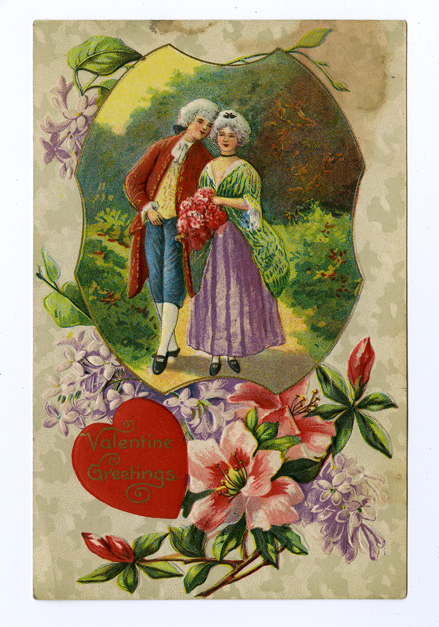 An old-fashioned Valentine featuring a man and a woman in 18th century clothes walking down a garden path.