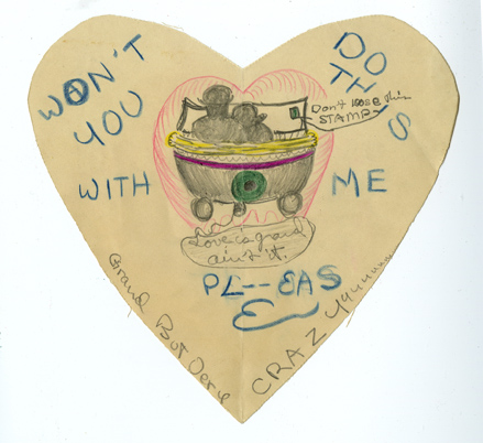 Hand drawn Valentine featuring a couple snuggling in a car. Inscription says "Won't you do this with me?"