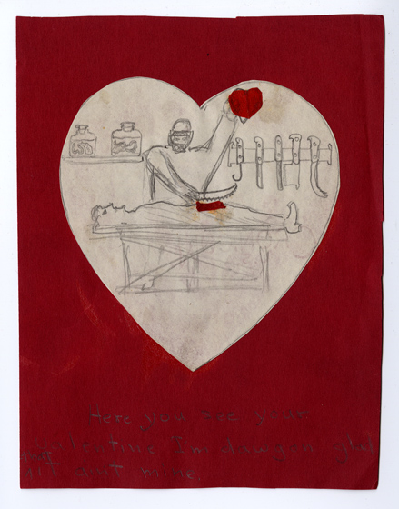 Hand drawn Valentine featuring a surgeon or mad scientist pulling a heart from his patient's chest.