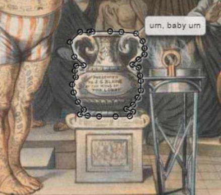 Detail from political cartoon "Phryne before the Chicago Tribunal," with annotation "urn baby, urn."